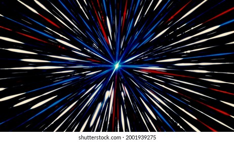 Travelling Through Black Space, Colorful Starfield, Seamless Loop. Animation. Outer Space Pattern With Spreading Blue, Red, And White Beams Of Light.