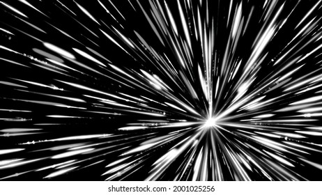 Travelling Through Black Space, White Starfield, Seamless Loop. Animation. Monochrome Pattern With Spreading White Beams Of Light.