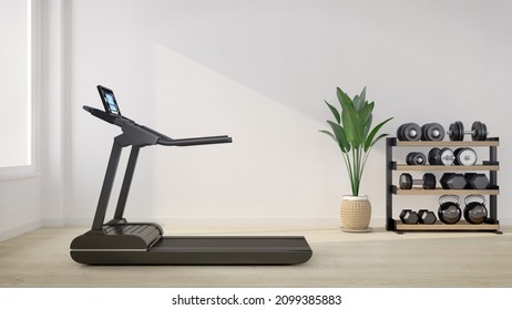 Treadmill in white room with dumbbell rack.3d rendering