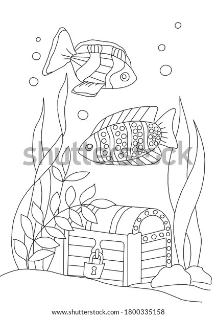 Treasure Chest Bottom Sea Small Fishes Stock Illustration 1800335158