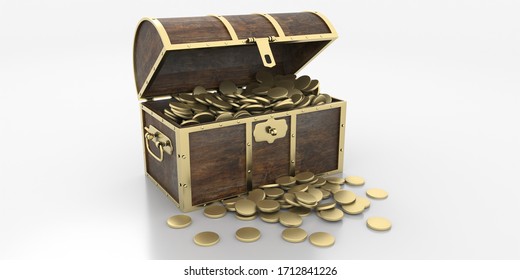 Treasure chest with gold isolated against white background. Old wooden trunk with open lid full of golden coins. 3d illustration