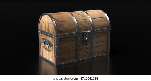 Treasure Chest Isolated Against Black Background. Old Wooden Trunk With Closed Lid. Vintage Box, Locked And Secured. 3d Illustration