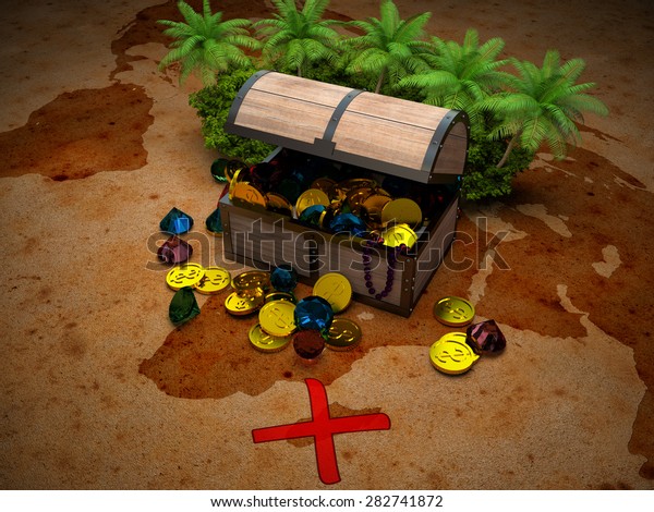 treasure chest and map\
with a red\
cross