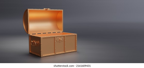 Treasure Chest. Old Golden Pirate Trunk Empty With Open Lid On Gray Color Background, Copy Space. Fortune, Abundance Concept. 3d Render