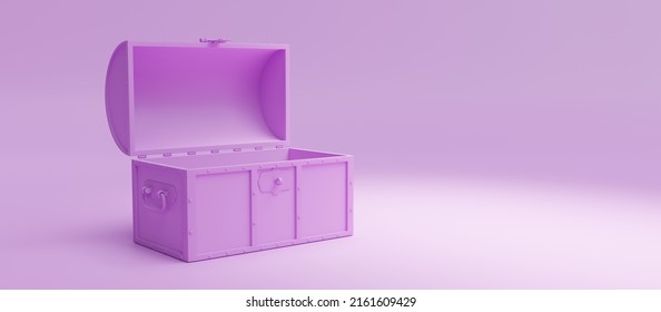 Treasure Chest. Old Pirate Trunk Empty With Open Lid On Pink Pastel Color Background, Copy Space. 3d Render