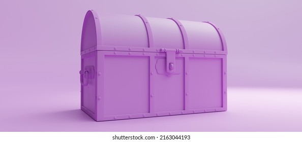 Treasure Chest. Old Pirate Trunk Closed And Locked With Padlock On Pink Pastel Color Background, Safe Secret, 3d Render