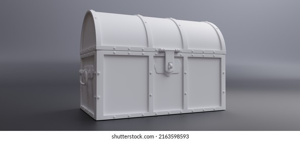 Treasure Chest. Old White Pirate Trunk Closed And Locked With Padlock On Grey Color Background, Safe Secret And Fortune, 3d Render