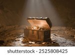 Treasure Chest in the Spotlight: A treasure chest overflowing with gold coins is dramatically lit by a single spotlight in a mysterious cave setting.