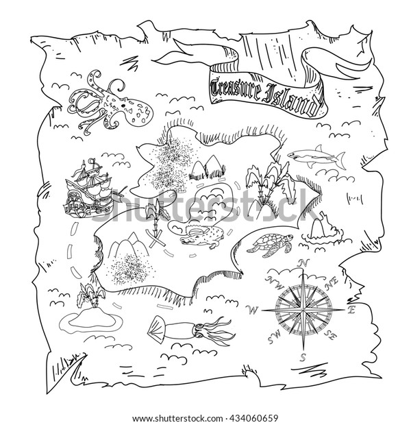 Treasure Island Map Kids Coloring Page Stock Illustration 434060659