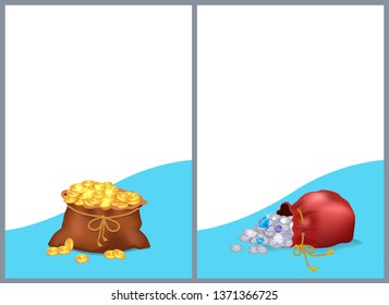 Treasure posters with text samples and given info headlines images of treasures in bags coins diamonds isolated on raster illustration