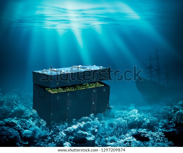 海底の宝物 水の下に金と船の沈んだ胸3dイラスト のイラスト素材