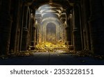 Treasury hall. treasure trove of gold coins And chests and treasure boxes pile up. Treasuries, kingdoms and castles. The concept of finding lost ancient treasures. 3d rendering