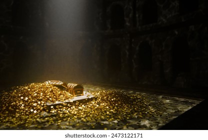 Treasury hall. treasure trove of gold coins And chests and treasure boxes pile up. Treasuries, kingdoms and castles. The concept of finding lost ancient treasures. 3d rendering	
 - Powered by Shutterstock