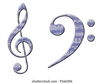 A treble and bass clef with manuscript pattern