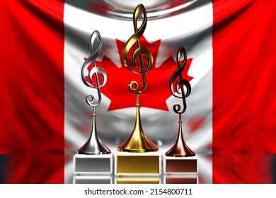 Treble clef awards for winning the music award against the background of the national flag of Canada, 3d illustration.