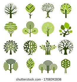Tree badges. Abstract graphic nature eco pictures simple growth plants emblem
