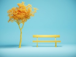 Tree And Bench. Street Scene In Cartoon Style. 3D Illustration.