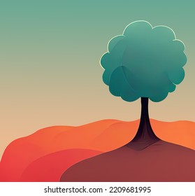 Tree With A Blue Crown. Simple Tree Flat Illustration. Digital Illustration.