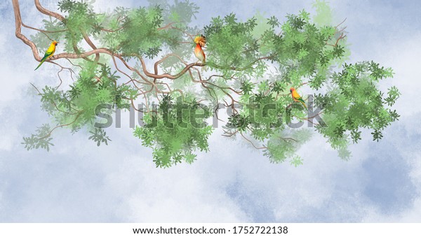 Tree branch on top. With tropical birds on a sky background