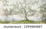 Tree by the lake. Misty landscape. Tree with birds in the Japanese garden. the mural, Wallpaper for interior printing