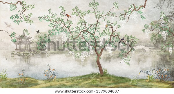 Tree by the lake. Misty landscape. Tree with birds in the Japanese garden. the mural, Wallpaper for interior printing.