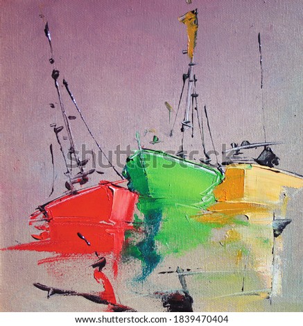 Tree colorful red,green and yellow boats,oil painting on canvas. 