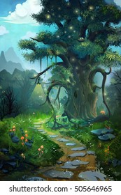 The Tree in the Evening. Video Game's Digital CG Artwork, Concept Illustration, Realistic Cartoon Style Background
