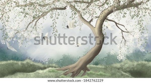 A tree in the fog with a crane flying. For interior wall mural wallpaper printing.