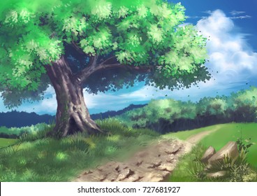 Tree Forest, hill painting illustration 