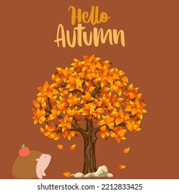 Tree Golden Dry Leaves Brown Background Porcupine Apple Beautiful Image Lettering Hello Autumn