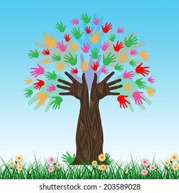 Tree Handprints Representing Hands Together And Drawing