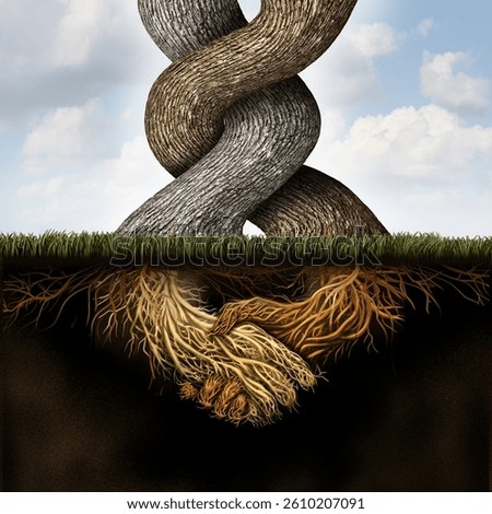 Tree handshake as a symbol of unity and strong long term business partnership growth together or a concept for love friendship as connected trees and roots with 3D illustration elements.
