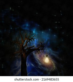 Tree With Hanging Light Bulb And Galaxy In The Space. 3D Rendering