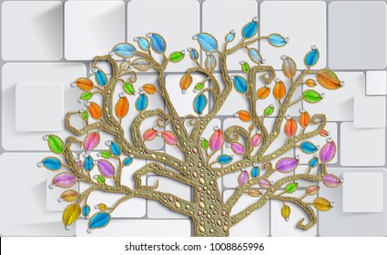 Tree Happiness Wallpaper Interior 3d Rendering Stock Illustration