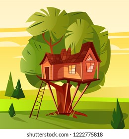 Tree House Illustration Of Wooden Hut With Ladder And Windows In Forest. Cartoon Woodland Cabin Or Hovel For Summer Kids Treehouse Or Nature Bungalow Hotel