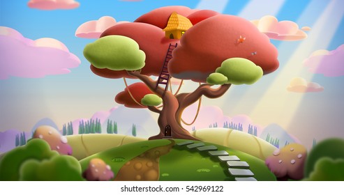 Tree House on The Hill. Video Game's Digital CG Artwork, Concept Illustration, Realistic Cartoon Style Background
