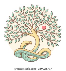 Tree The Knowledge Of Good And Evil With Snake, Apple. Colorful Design. Illustration