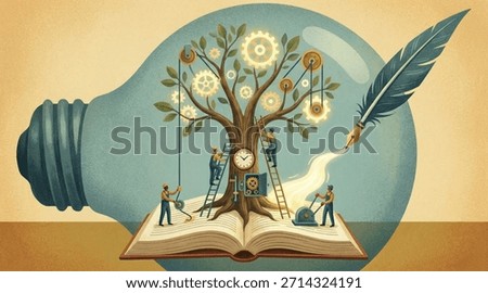 Tree of knowledge grows from an open book, with people working around gears inside a lightbulb.