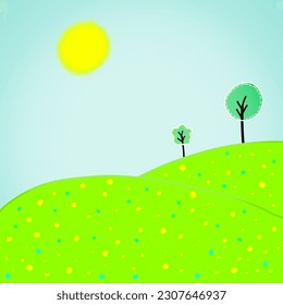 Tree landscape with green fields  with space for text