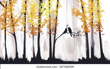 Tree landscape with love birds gold and black abstract acrylic painting on canvas