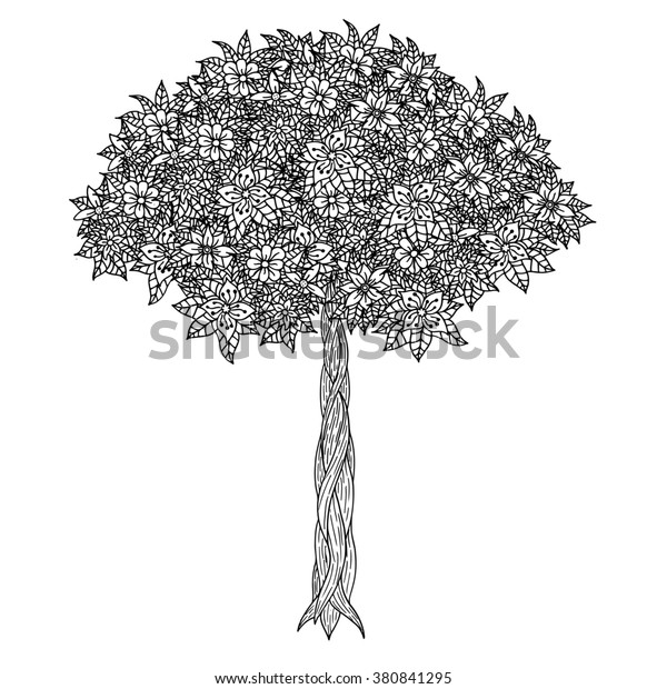 Baum Mit Blattern Und Blumen Kunst Stockillustration