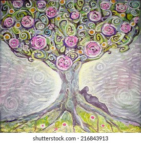 Tree Of Life Acrylic Painting. Spring Painting. Illustration Of An Expectant Mother. Canvas. Interior Decor.