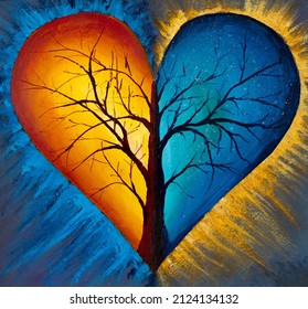 Tree Of Life In Heart. Acrylic Painting Harmony Illustration Heart Soul Symbol Of Yin And Yang Energies. The Concept Of Opposite Energies: Male-female, Day-night, Light-dark, Yin-yang