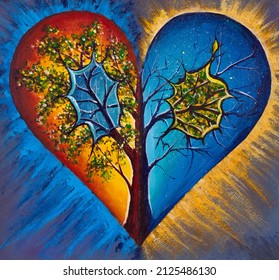 Tree of life in heart. Acrylic painting harmony illustration Heart soul symbol of yin and yang energies. The concept of opposite energies: male-female, day-night, light-dark, yin-yang