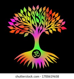 The tree of life with an om / aum/ ohm sign on a black background. Spiritual mystical and environmental symbol. Pixel art graphic