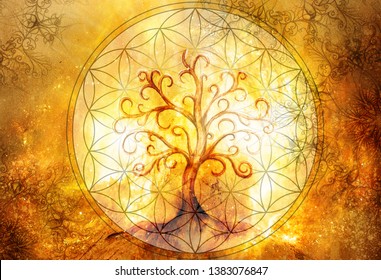 Tree Of Life Symbol And Flower Of Life And Space Background With Ornaments, Yggdrasil.