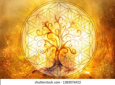 tree of life symbol and flower of life and space background, yggdrasil.