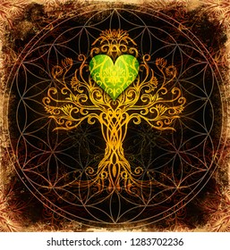 tree of life symbol on structured ornamental background with heart shape, flower of life pattern, yggdrasil.