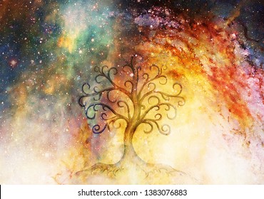 tree of life symbol on structured and space background, flower of life pattern, yggdrasil.