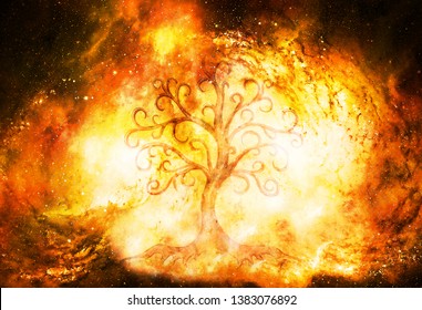 tree of life symbol on structured and space background, yggdrasil.